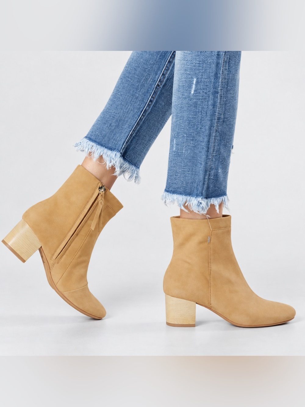 NEW TOMS Women Evie Honey Nubuck Braided Tassel Zip Up Wood Heel Bootie Size 6.5